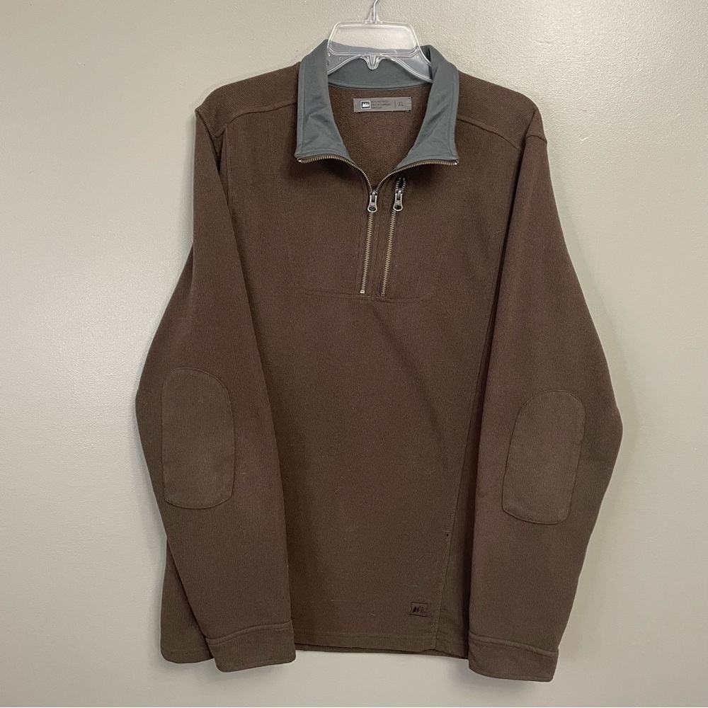 REI Men's Fleece 1/4 Zip Green brown Pullover XL layer zipper pockets